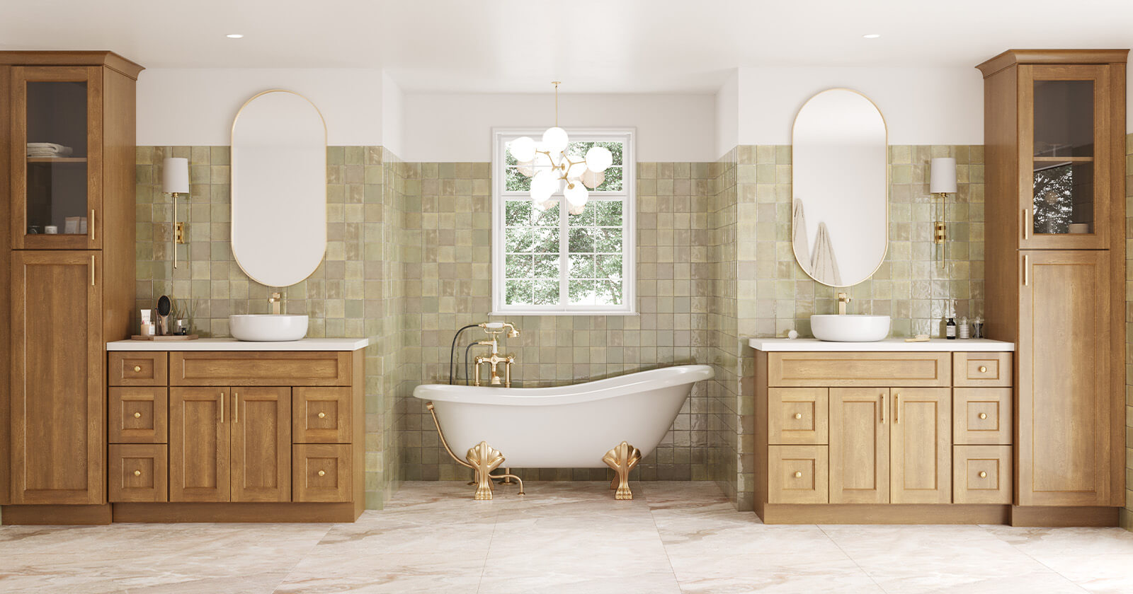 A sophisticated bathroom with light green tiles covering the walls, creating a serene atmosphere. On both sides, tall wooden cabinets frame round mirrors with brass fixtures above a white sink. The center features a freestanding bathtub with elegant golden feet and a vintage-style faucet. Soft lighting from a chandelier above complements the warm wood tones of the cabinetry, while large windows bring in natural light, highlighting the marble floors.