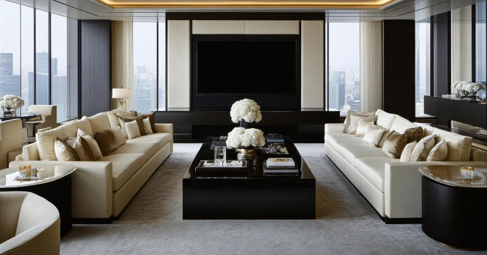 High-rise living room with a panoramic city view, two long cream sofas, and a black coffee table styled with modern floral arrangements.