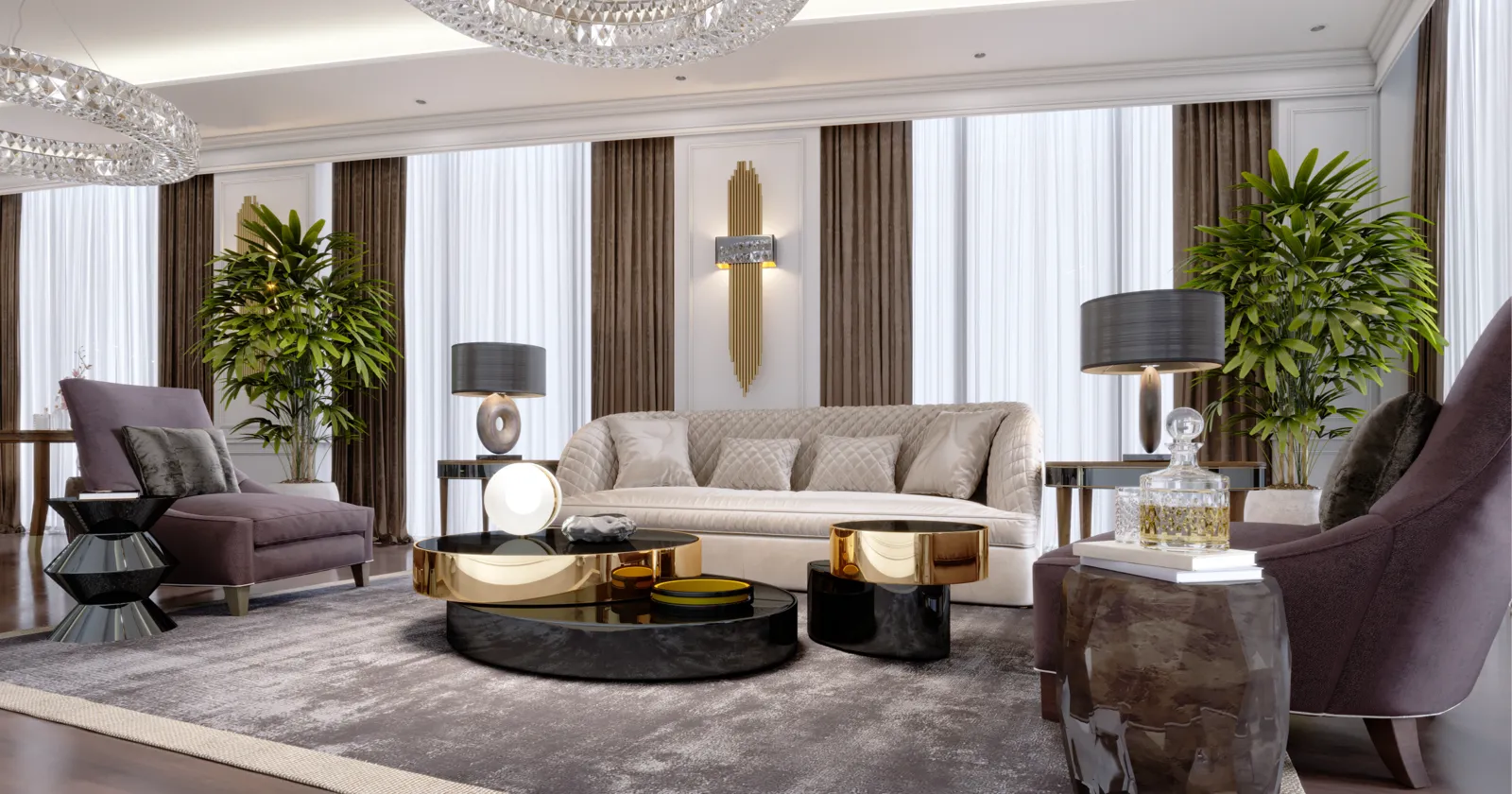 Elegant living room with modern luxury decor, featuring a tufted beige sofa, velvet armchairs, unique black and gold coffee tables, crystal chandeliers, and tall indoor plants against floor-to-ceiling drapes and wall sconces.