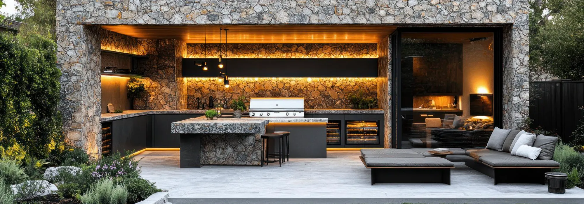 Luxurious outdoor kitchen and lounge area with dramatic stone walls and backlit countertops. Features include a built-in grill, undercounter appliances, modern lighting, and a cozy seating area with cushioned furniture—seamlessly blending indoor comfort with outdoor entertaining.
