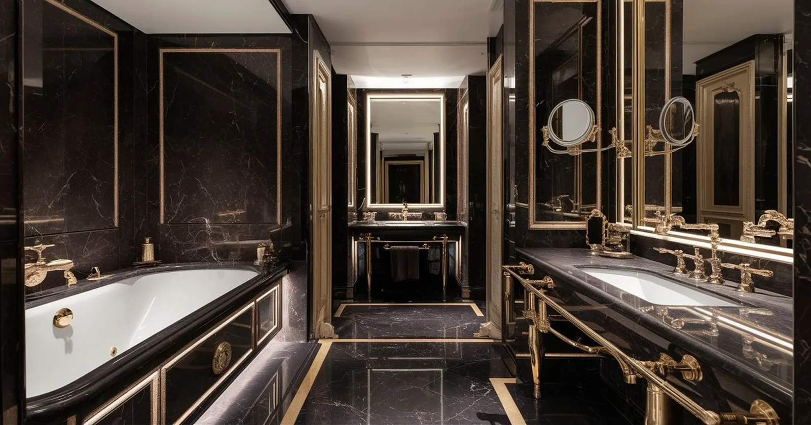 Dramatic black and gold bathroom with marble surfaces, elegant fixtures, and mirrored walls for a high-end, luxurious vibe.